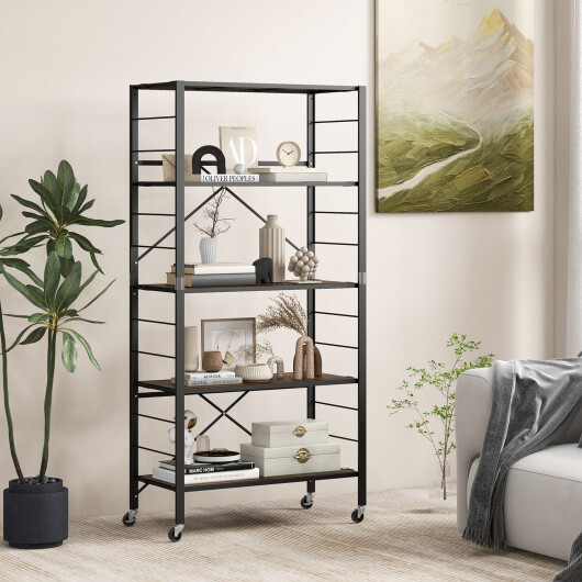 5-Tier Foldable Shelving Unit with Detachable Wheels and Anti-Toppling System-Black - Color: Black - Image 3