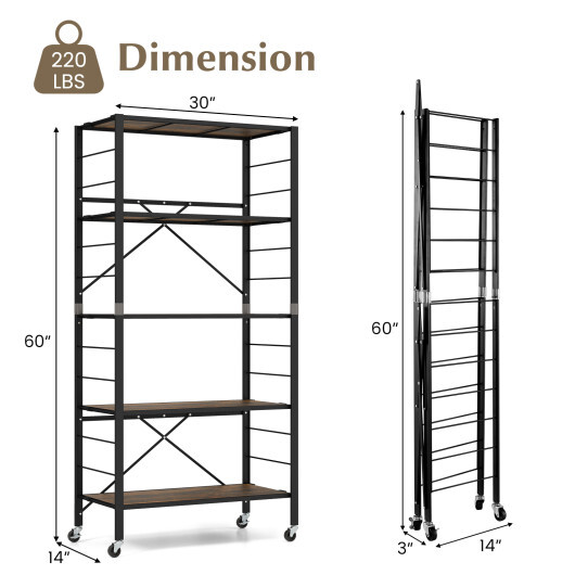 5-Tier Foldable Shelving Unit with Detachable Wheels and Anti-Toppling System-Black - Color: Black - Image 5