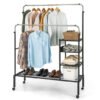 Rolling Double Rods Garment Rack with Height Adjustable Hanging Bars-Silver - Color: Silver