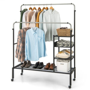 Rolling Double Rods Garment Rack with Height Adjustable Hanging Bars-Silver - Color: Silver