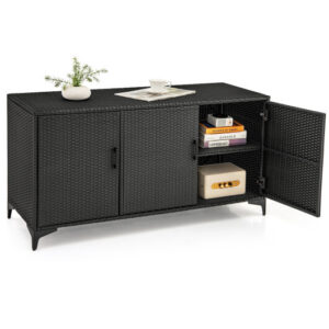 84 Gallon Patio Wicker Deck Box 3-Door PE Rattan Storage Container with Removable Shelves-Black - Color: Black