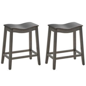 Set of 2 PU Leather Saddle Bar Stools with Rubber Wood Legs - Color: Gray
