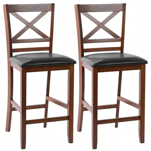 Set of 2 Bar Stools 25 Inch Counter Height Chairs with PU Leather Seat - Color: Walnut