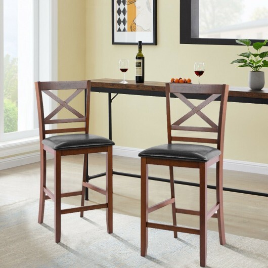 Set of 2 Bar Stools 25 Inch Counter Height Chairs with PU Leather Seat - Color: Walnut - Image 2