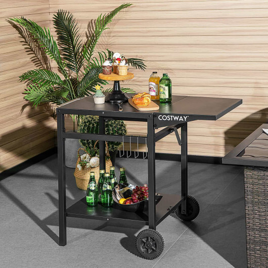 Movable Outdoor Grill Cart with Folding Tabletop and Hooks-Black - Color: Black - Image 2