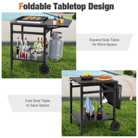 Movable Outdoor Grill Cart with Folding Tabletop and Hooks-Black - Color: Black - Image 5