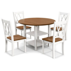 5 Piece Round Kitchen Dining Set with Drop Leaf Table Top - Color: Walnut & Gray