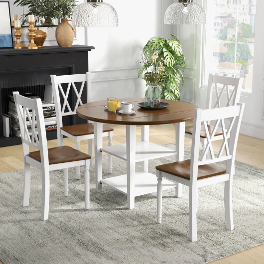 5 Piece Round Kitchen Dining Set with Drop Leaf Table Top - Color: Walnut & Gray - Image 5