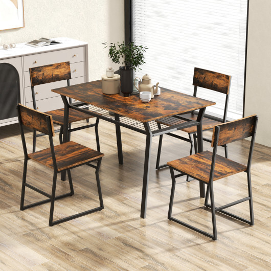 5 Piece Dining Table Set with Storage Rack and Metal Frame-Coffee - Color: Coffee - Image 3