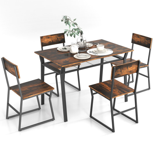 5 Piece Dining Table Set with Storage Rack and Metal Frame-Coffee - Color: Coffee - Image 4