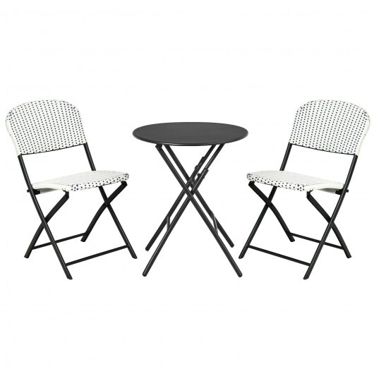 3 Pieces Patio Rattan Bistro Set with Round Dining Table and 2 Chairs - Color: Black & White