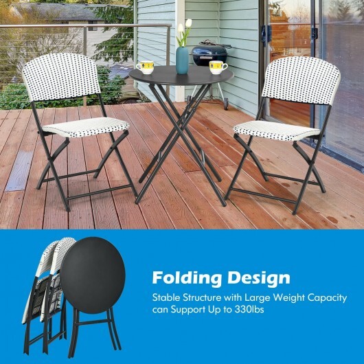3 Pieces Patio Rattan Bistro Set with Round Dining Table and 2 Chairs - Color: Black & White - Image 3