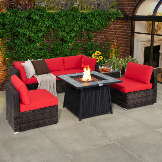7 Pieces Patio Furniture Set with 35 Inches 50000 BTU Propane Gas Fire Pit Table and Waterproof Cover for Firpit-Red - Color: Red - Image 2