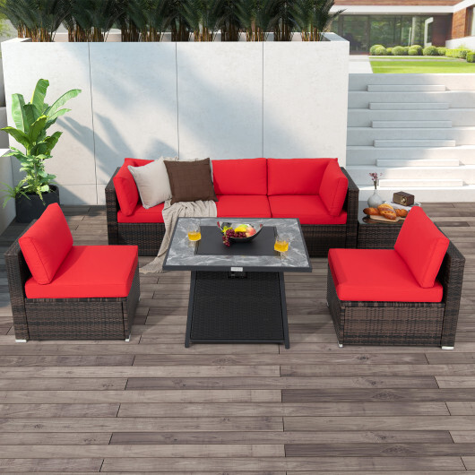 7 Pieces Patio Furniture Set with 35 Inches 50000 BTU Propane Gas Fire Pit Table and Waterproof Cover for Firpit-Red - Color: Red - Image 3