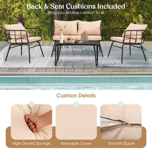 4 Pieces Patio Furniture Set with Seat Back Cushions for Garden-Beige - Color: Beige - Image 3