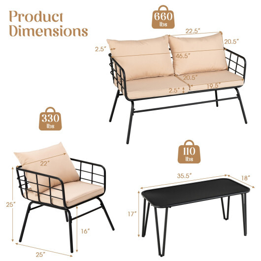 4 Pieces Patio Furniture Set with Seat Back Cushions for Garden-Beige - Color: Beige - Image 4