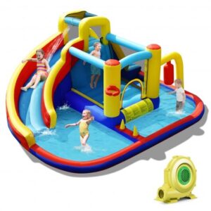 7-in-1 Inflatable Water Slide with 735W Air Blower and Splash Pool - Color: Multicolor
