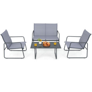 4 Pieces of Metal Patio Furniture Chat Set with Tempered Glass Coffee Table - Color: Gray
