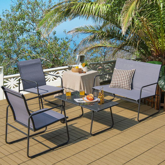 4 Pieces of Metal Patio Furniture Chat Set with Tempered Glass Coffee Table - Color: Gray - Image 2