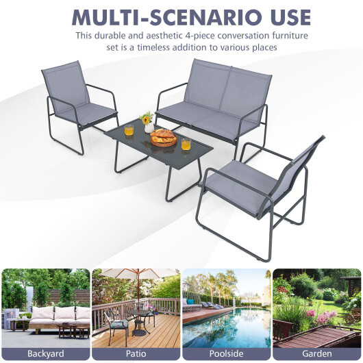 4 Pieces of Metal Patio Furniture Chat Set with Tempered Glass Coffee Table - Color: Gray - Image 3