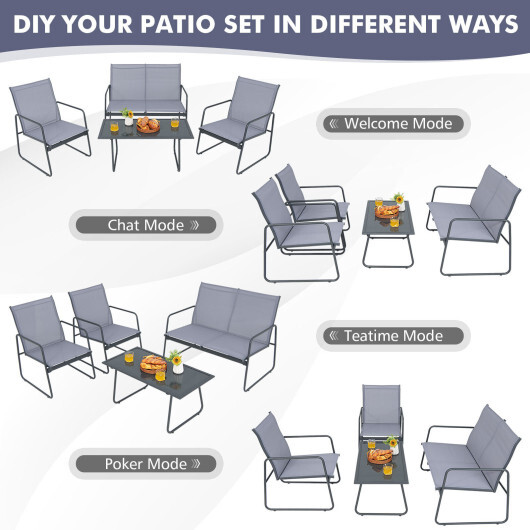 4 Pieces of Metal Patio Furniture Chat Set with Tempered Glass Coffee Table - Color: Gray - Image 5