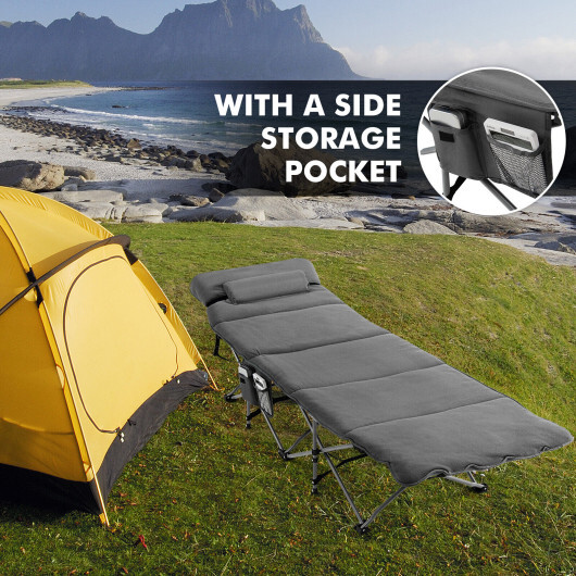 Folding Retractable Travel Camping Cot with Mattress and Carry Bag-Gray - Color: Gray - Image 3