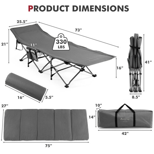 Folding Retractable Travel Camping Cot with Mattress and Carry Bag-Gray - Color: Gray - Image 4