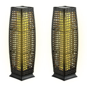 2 Pieces Solar-Powered Square Wicker Floor Lamps with Auto LED Light-Black - Color: Black