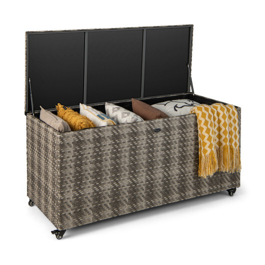 96 Gallon PE Wicker Outdoor Storage Box with 4 Wheels-Gray - Color: Gray