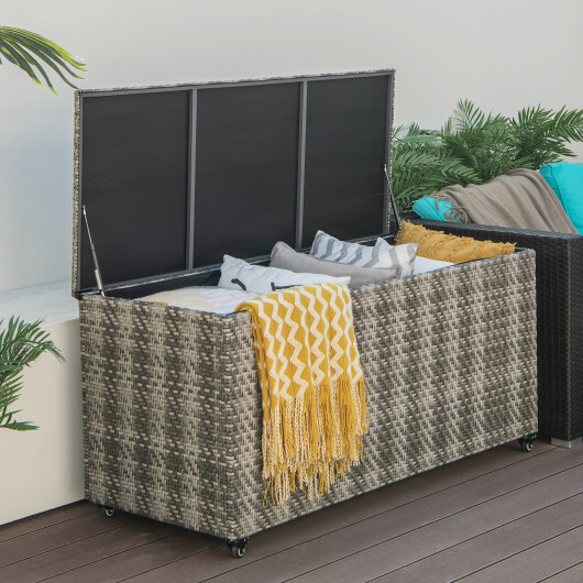 96 Gallon PE Wicker Outdoor Storage Box with 4 Wheels-Gray - Color: Gray - Image 3