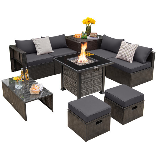 Outdoor 9 Pieces Patio Furniture Set with 50 000 BTU Propane Fire Pit Table-Gray - Color: Gray