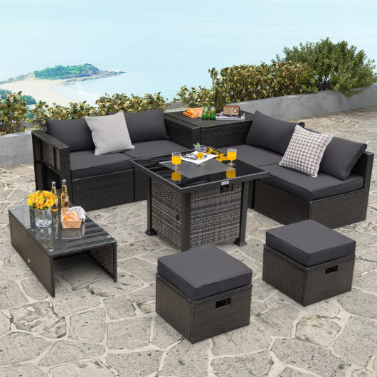 Outdoor 9 Pieces Patio Furniture Set with 50 000 BTU Propane Fire Pit Table-Gray - Color: Gray - Image 2