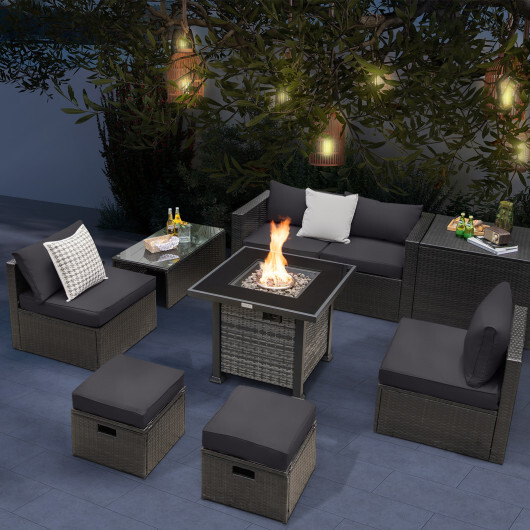 Outdoor 9 Pieces Patio Furniture Set with 50 000 BTU Propane Fire Pit Table-Gray - Color: Gray - Image 3