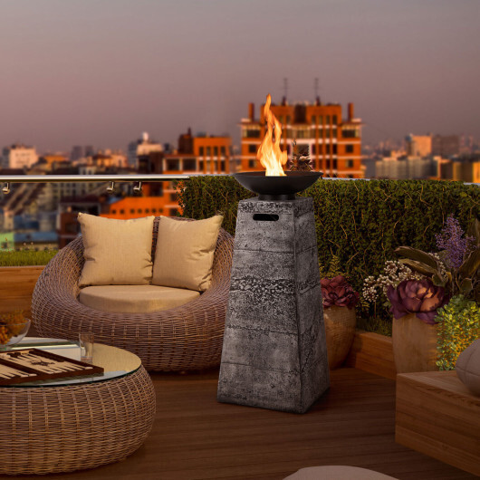 48 Inch Propane Fire Bowl Column with Lava Rocks and PVC Cover-Gray - Color: Gray - Image 2