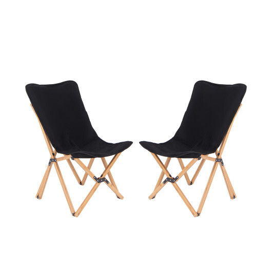 Set of 2 Bamboo Dorm Chair with Storage Pocket for Camping and Fishing-Black - Color: Black