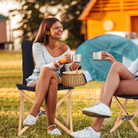 Set of 2 Bamboo Dorm Chair with Storage Pocket for Camping and Fishing-Black - Color: Black - Image 3