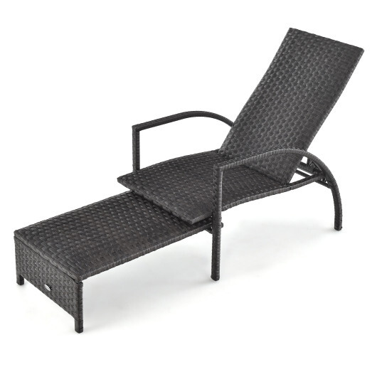 Patio Chaise Lounge Outdoor Rattan Lounge Chair with Retractable Ottoman - Color: Brown