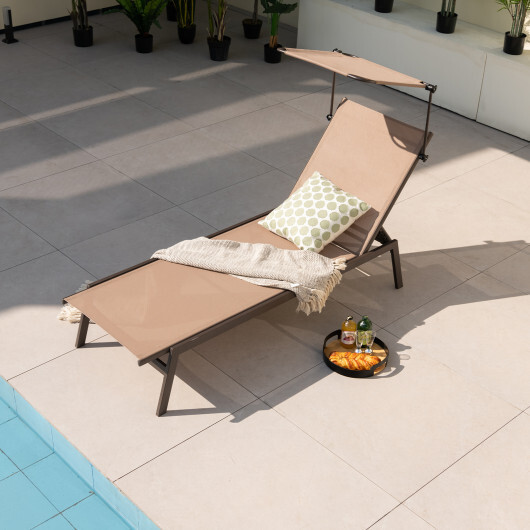 Outdoor Chaise Lounge Chair with Sunshade and 6 Adjustable Position-Brown - Color: Brown - Image 2