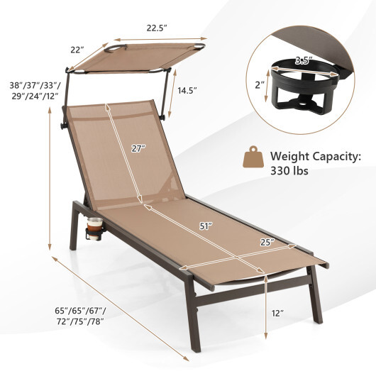 Outdoor Chaise Lounge Chair with Sunshade and 6 Adjustable Position-Brown - Color: Brown - Image 5