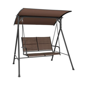 2 Person Porch Swing with Adjustable Canopy and Padded Seat-Brown - Color: Brown