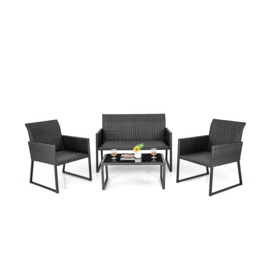 4 Pieces Outdoor Wicker Patio Furniture Set with Quick Dry Foam All Weather for Backyard - Color: Brown