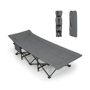 Folding Camping Cot with Carry Bag Cushion and Headrest-Gray - Color: Gray