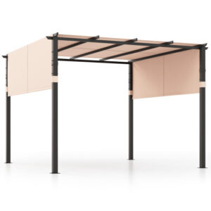 10 x 10 ft Flat Top Pergola with Retractable Canopy for Garden Pool Porch and Backyard-Beige - Color: Beige