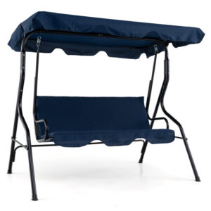 3-Seat Outdoor Patio Canopy Swing with Cushioned Steel Frame-Navy - Color: Navy