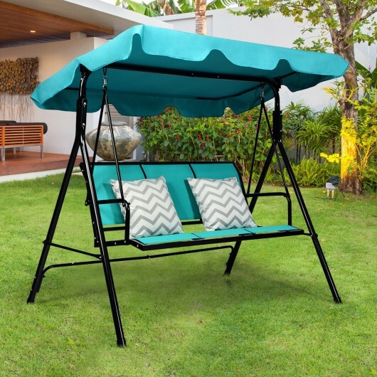 Outdoor Patio 3 Person Porch Swing Bench Chair with Canopy-Blue - Color: Blue - Image 2