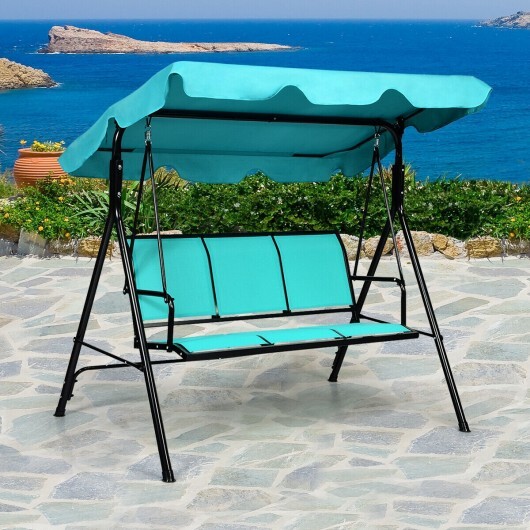 Outdoor Patio 3 Person Porch Swing Bench Chair with Canopy-Blue - Color: Blue - Image 3