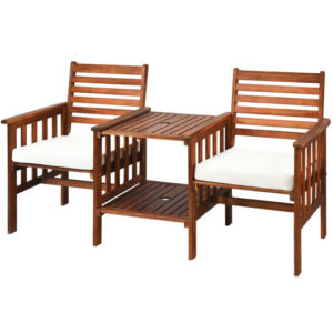 3 pcs Outdoor Patio Table Chairs Set Acacia Wood Loveseat-White - Color: White