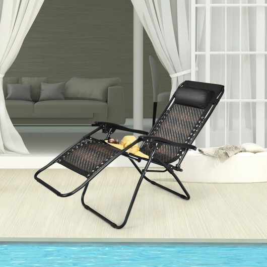 Folding Rattan Zero Gravity Lounge Chair with Removable Head Pillow-Brown - Color: Brown - Image 3