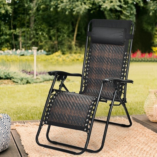 Folding Rattan Zero Gravity Lounge Chair with Removable Head Pillow-Brown - Color: Brown - Image 4