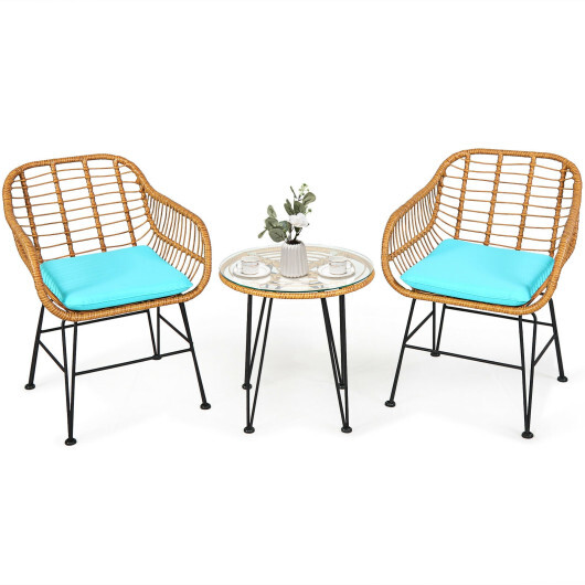 3 Pieces Rattan Furniture Set with Cushioned Chair Table-Turquoise - Color: Turquoise
